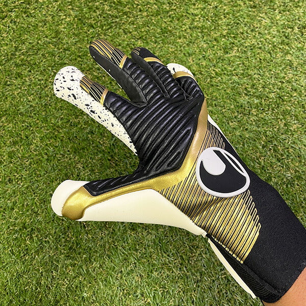 ウールシュポルトuhlsportパワーラインエリートフレックスカットハーフネガティブ1013014-01サッカーGKグローブブラック×ゴールド×ホワイト