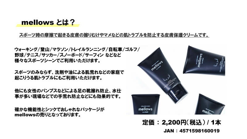 皮膚保護クリーム60mlスポーツ靴擦れ乳首ずれマメ防止mellowsEC-A075サッカーマラソンスポーツランニング